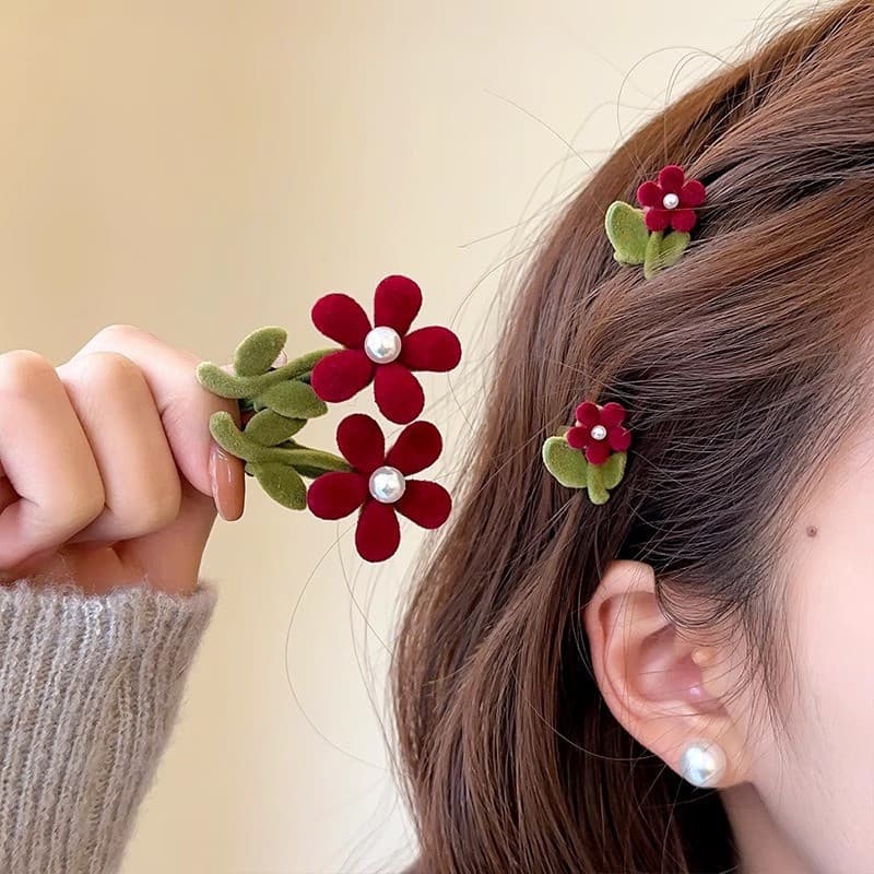 Princesa Meio-Up Flor Vermelha Grampo De Cabelo Franja Clipe Lateral Flocado Pequena Garra
