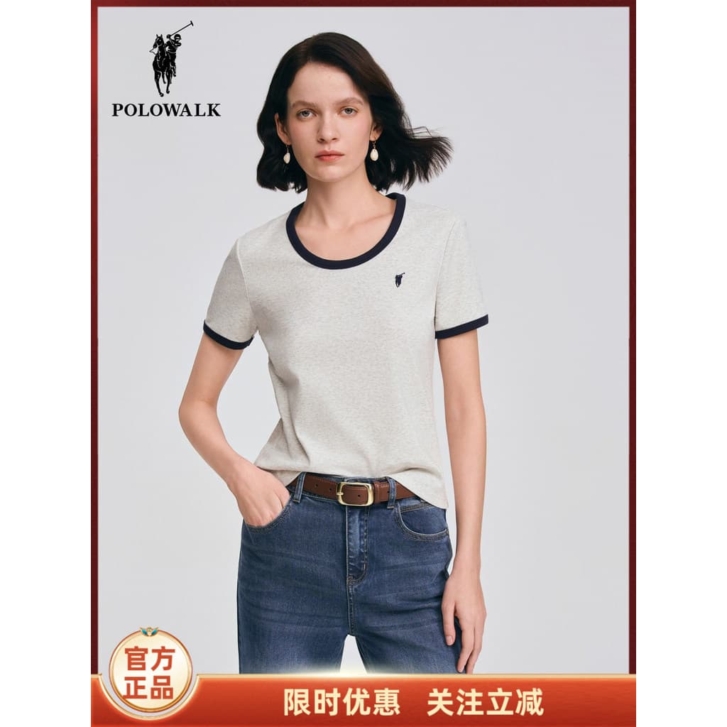 POLOWALK Camiseta feminina de manga curta 2026 primavera novo produto moda contraste cor grande gola redonda manga curta