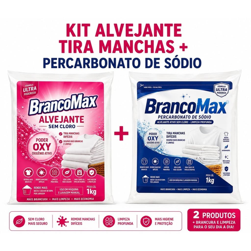Kit Alvejante Tira Manchas 1kg + Percarbonato de Sódio 1kg Oxigênio Ativo Sem Cloro