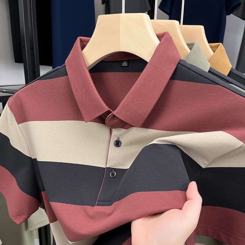 2025 camiseta masculina de verão vermelha de manga curta pai Wear Benming ano listrado meia manga lapela camisa polo rou