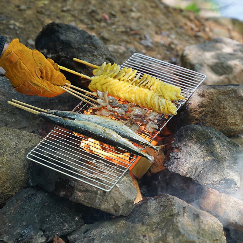 Malha de churrasco de aço inoxidável 304, malha de peixe grelhado dobrável, fogão a gás ao ar livre, malha retangular es