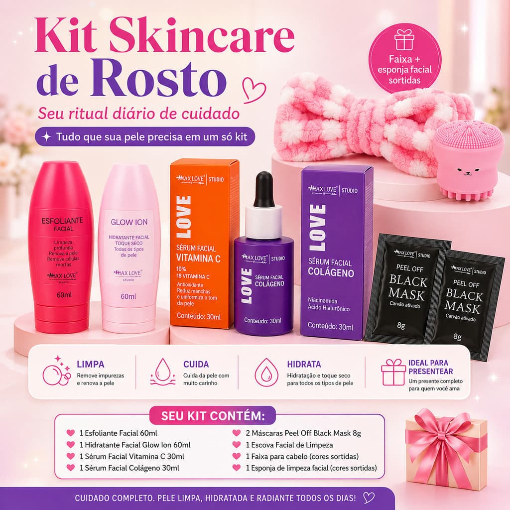 Kit Skincare de Rosto Max Love Completo com Séruns, Esfoliante, Hidratante, Máscaras, Faixa e Esponja