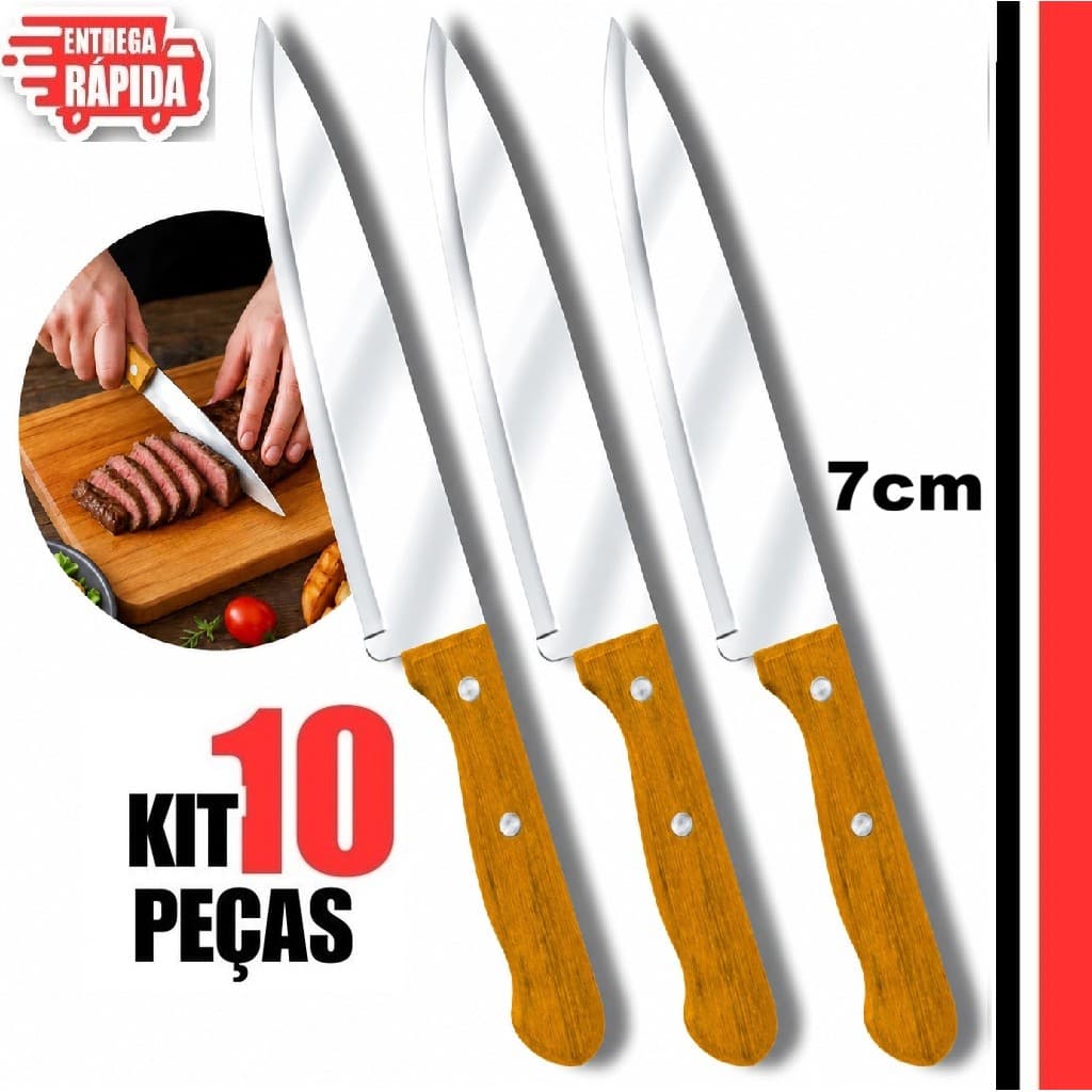 Kit 10 Facas De Cozinha Inox Profissional 7 Do Chef Cabo Madeira 30cm.