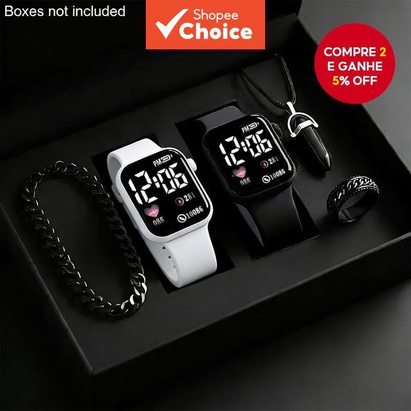 Conjunto de Relógios Casal Branco Preto, Relógio Digital Quadrado com Tela Sensível ao Toque e Iluminação, Presente de
