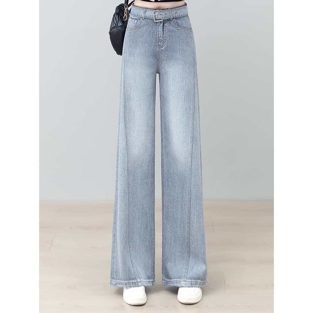 Jeans de perna larga cinza claro feminino 2026 primavera outono novo estilo cintura alta mais magro olhar solto All-Matc
