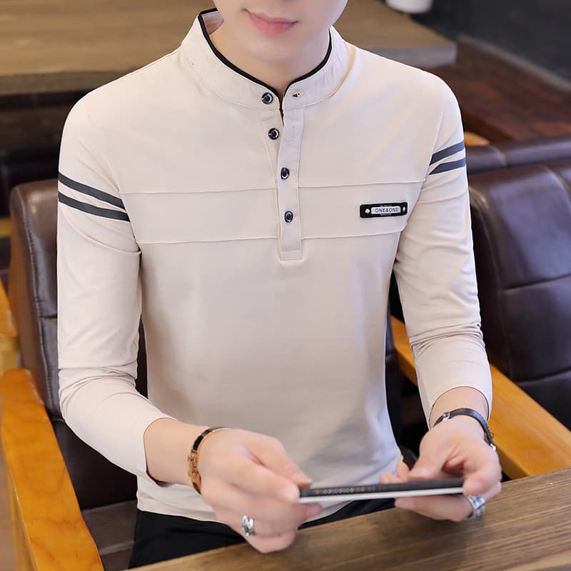 Primavera camisa Polo masculina de manga comprida puro algodão camiseta versão coreana magro-ajuste na moda gola alta ca