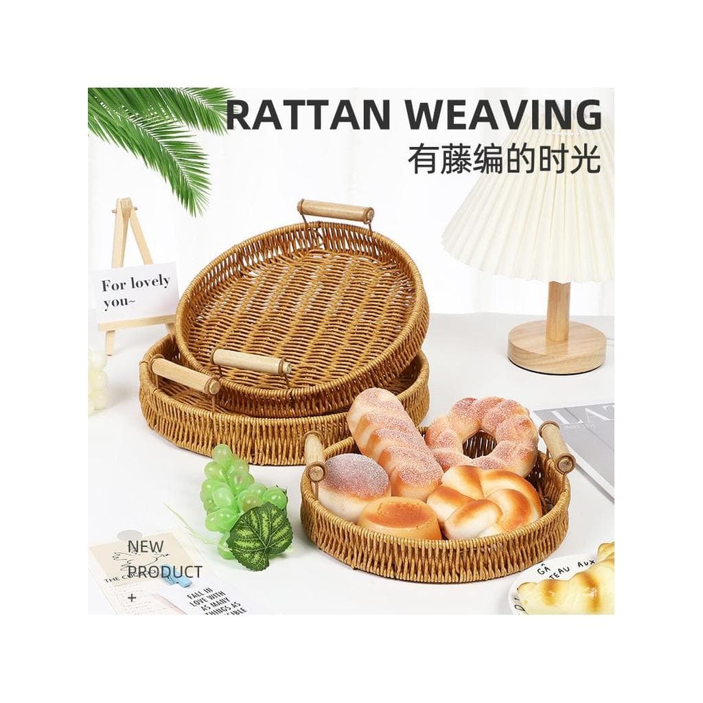 Imitação de Rattan bandeja cesta de pão mão-tecido café casa de chá bandeja comercial japonês casa sala de estar bandeja