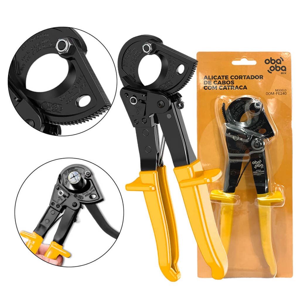 Alicate de Corte Tesoura Catraca Oba Oba Mix Até 240mm Corta Amarelo Cabos Fios Regulável Amarrilho Ponta Vídea