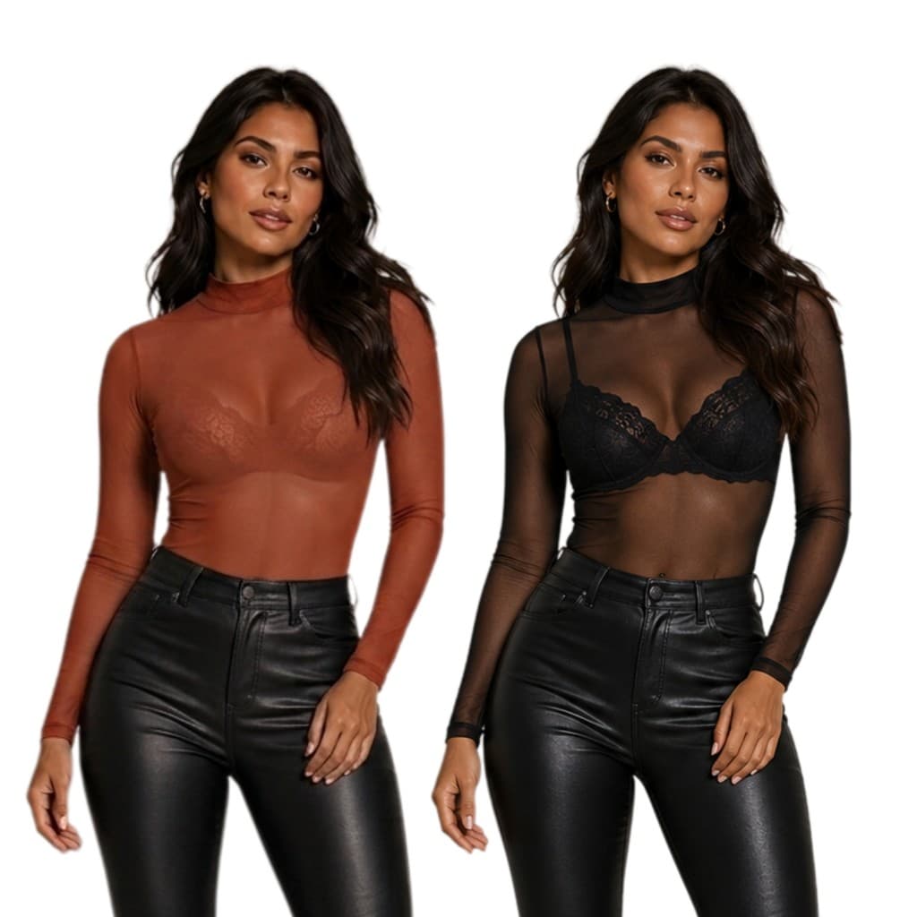 Kit com 2 Blusas Femininas Gola Alta em Tule Manga Longa Transparente Segunda Pele Fashion