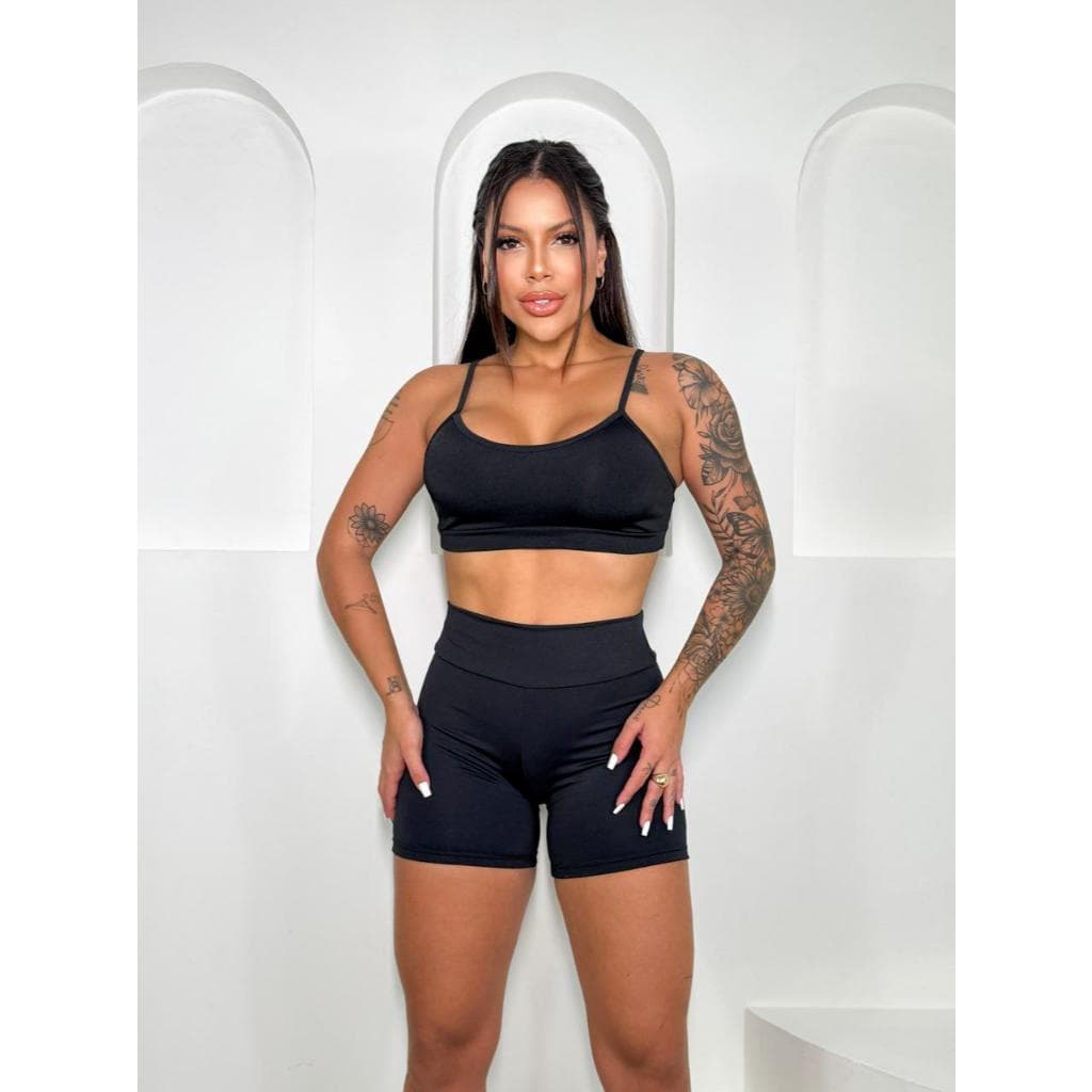 Conjunto de Fitness Feminino com Short e Top, Roupa de Ginástica de Cintura Alta THLE