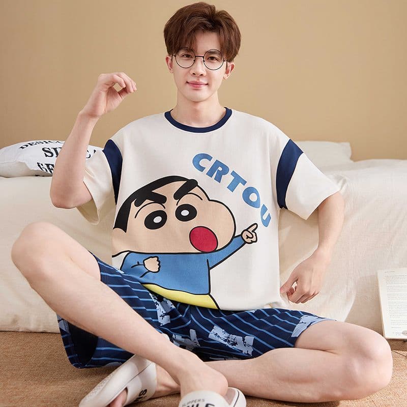 ❤ Pijamas masculinos de algodão puro Shorts de manga curta fino dos desenhos animados Natural juventude Plus Size menino