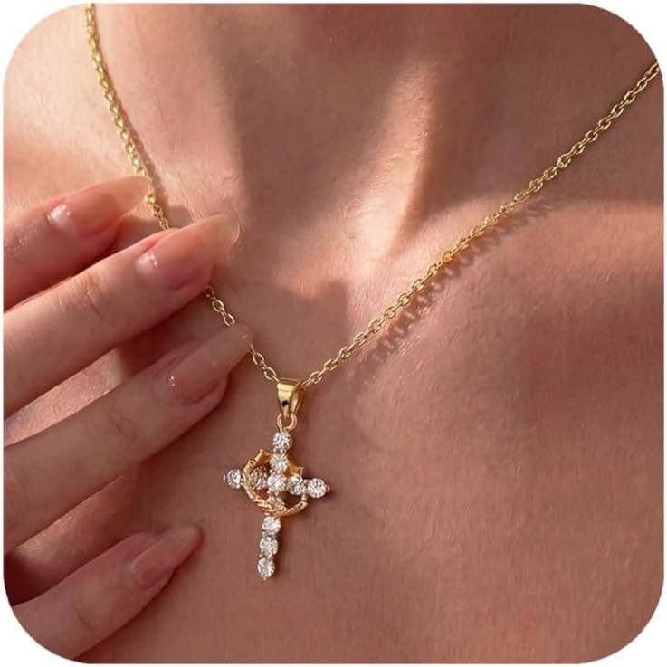 Presentes de Formatura: Colar de Cruz com Coroa para Mulheres, Colar Banhado a Ouro 18K com Zircônia, Presentes Cristãos