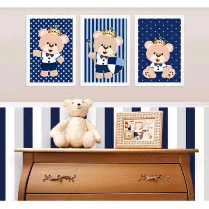 Kit 3 Peças Quadro Decorativo Ursinho Príncipe Azul - Painel Decoração Quarto Infantil Menino - SEM MOLDURA