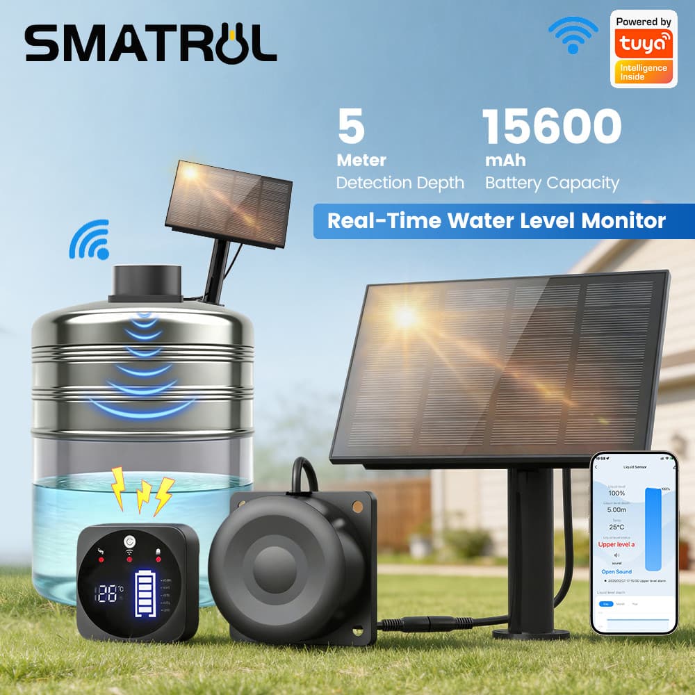 SMATRUL TUYA WiFi RF433 Smart Home Sensor De Nível De Líquido Ultrassônico Indicador De Temperatura Movido A Energia Sol