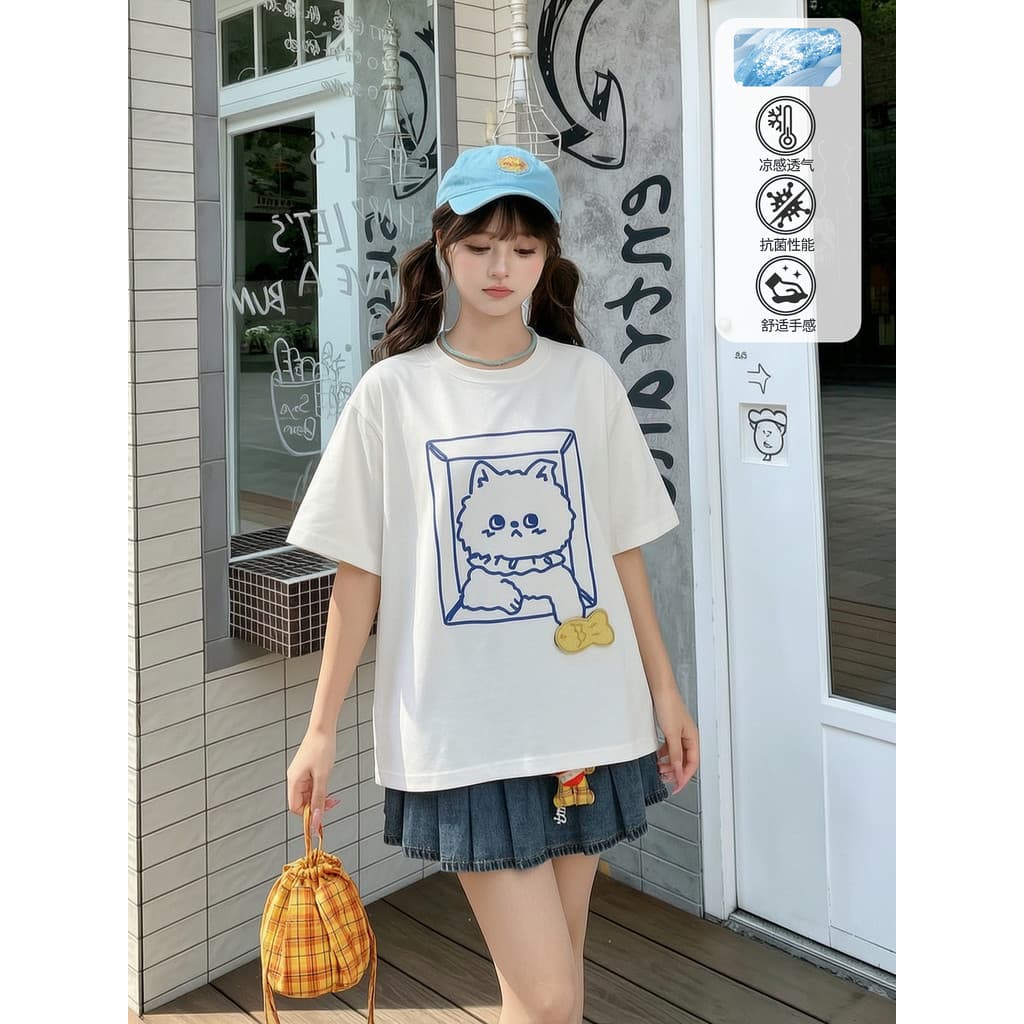 Mori menina tribo doce estilo branco simples gatinho bordado camiseta feminina 2026 novo estilo solto All-Match topo de