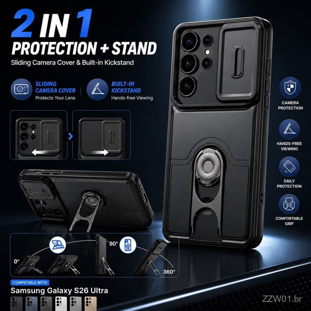360 °   Capa Protetora com Suporte Rotativo para Câmera para Samsung S26 S25 S24 S23 Ultra S26FE S25FE S24FE S26Edge S25