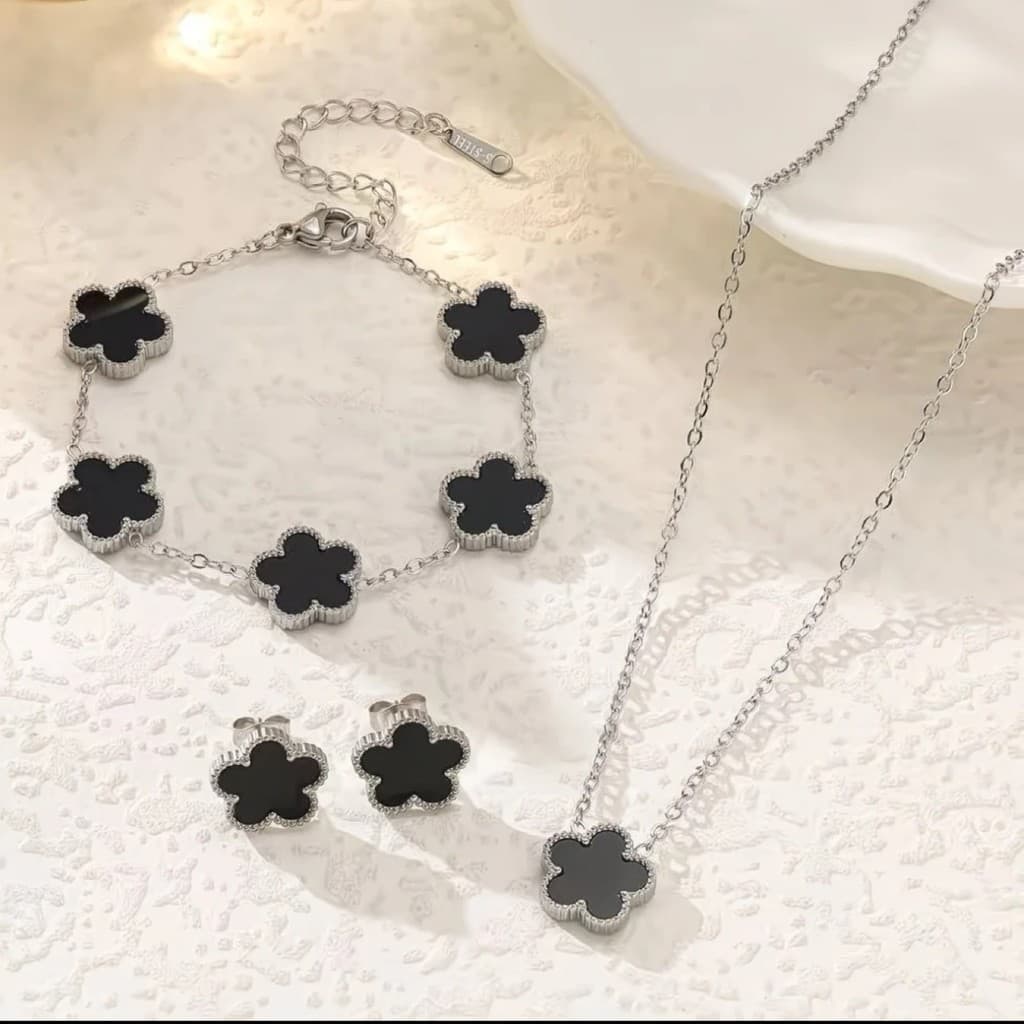 Conjunto De Joias De Flor De 5 Pétalas Da Sorte , Colar De Aço Inoxidável , Pulseira , Brincos , Presente Unissex