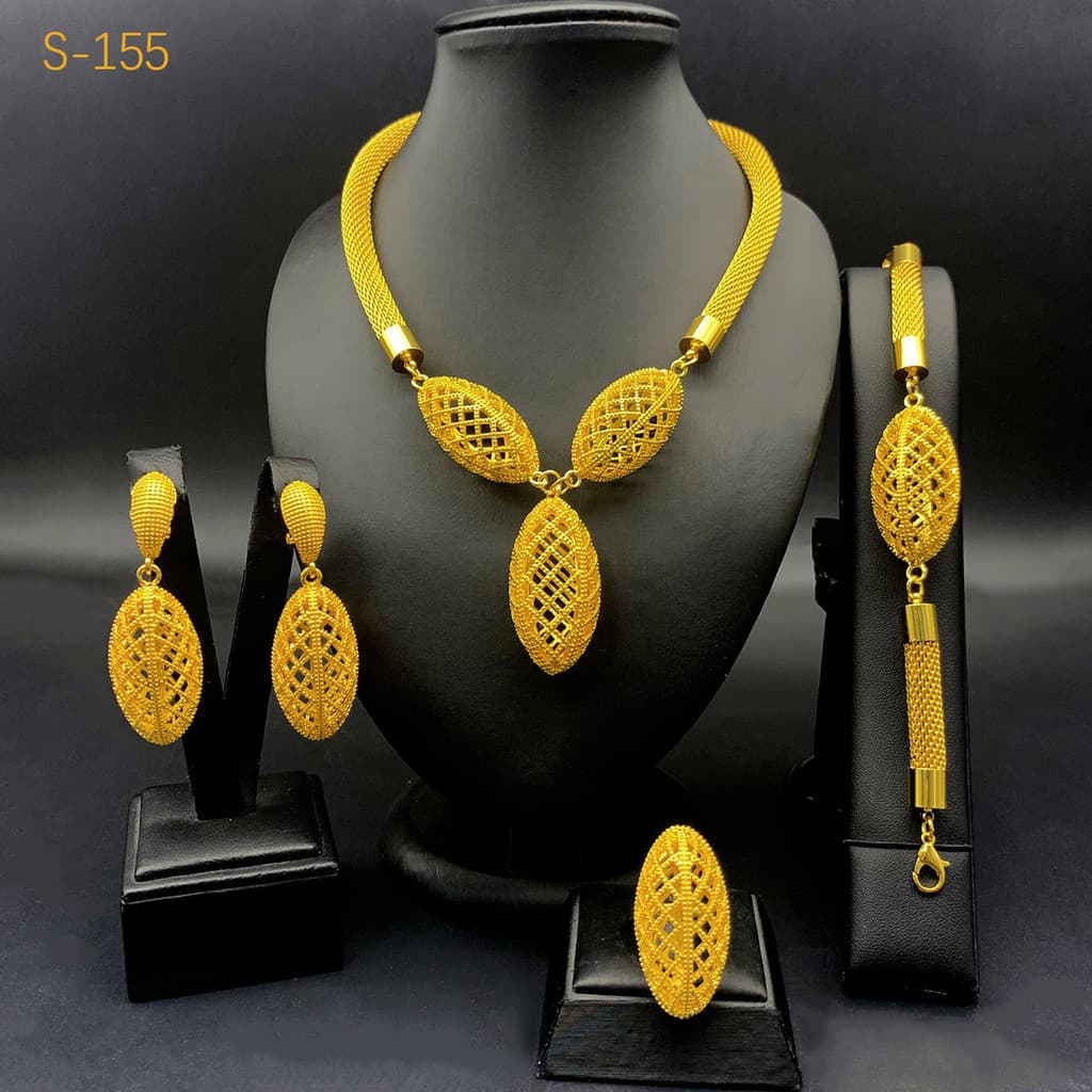 Conjunto De Joias Ocas Banhadas A Ouro 24K Para Mulheres Estilo Dubai Colar Pulseira Brincos Anel Quatro Peças
