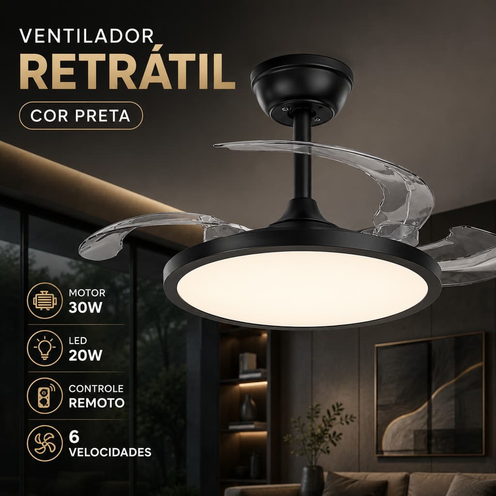 Ventilador De Teto Retratil Slim Preto LED 3 Cores Dimerizavel Controle Remoto Bivolt