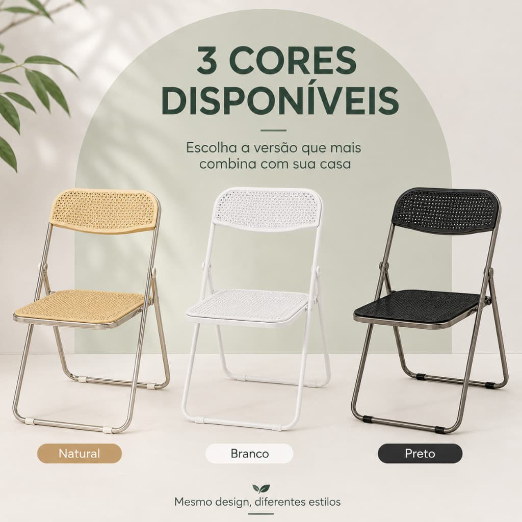 2 Cadeira Dobrável Imitação Rattan 3 Cores Disponíveis, Estrutura Metálica Leve, Assento E Encosto Texturizado