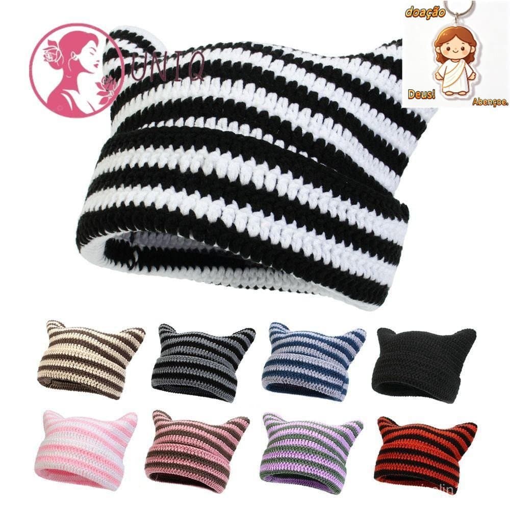 Gorro Japonês , Orelhas De Gato Fofas , Manter Aquecido , Chapéu Listrado Do Pequeno Diabo , Boné De Lã Tricotado Y