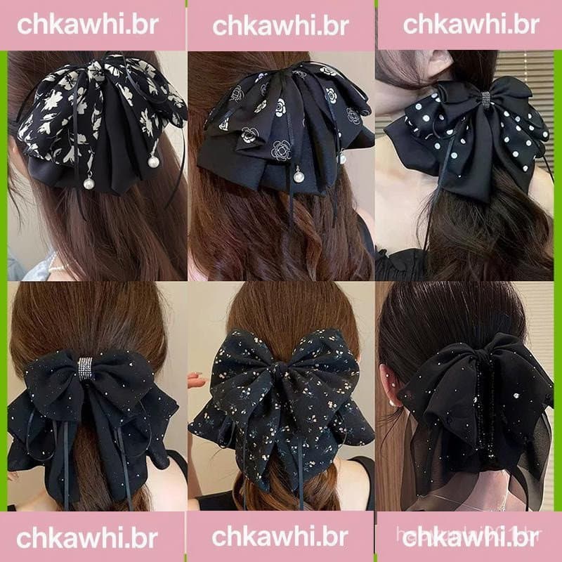 PTFU > Elegante Versátil Chiffon Floral Impressão Arco Rabo De Cavalo Clipe Headwear Para Mulheres Meninas Doce Fita Gra