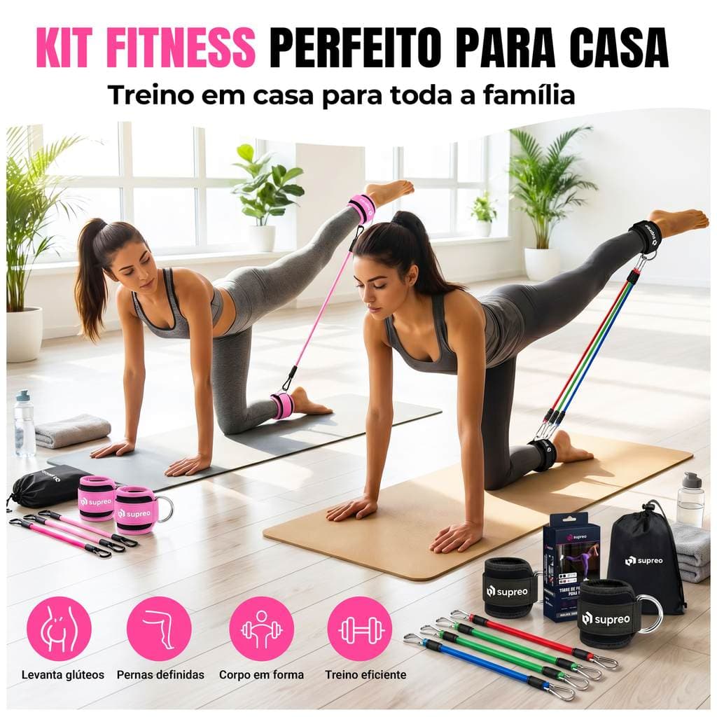 Puxador Tornozeleira Crossover + 3 Faixas de Resistência Treino Perna Glúteos Academia Polia Baixa Profissional