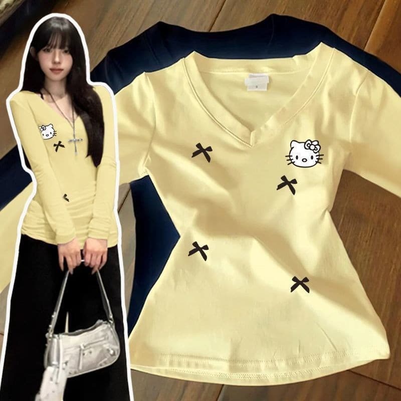 Camiseta Feminina de Manga Longa com Decote em V para Outono e Inverno, Elegante e Charmosa, Ajuste Slim, Peça Única ZH5