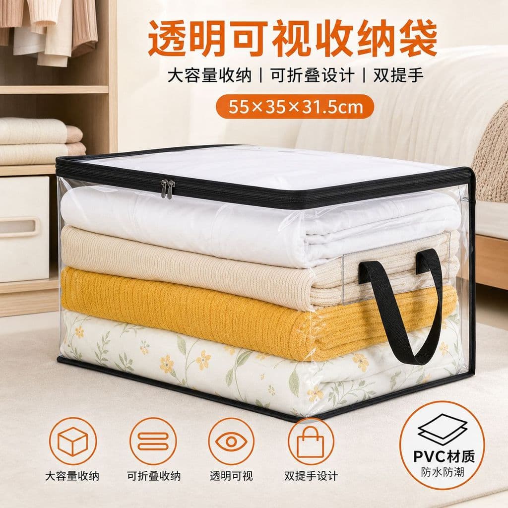Novo produto PVC transparente visível grande capacidade dobrável roupas colcha saco de armazenamento guarda-roupa quarto