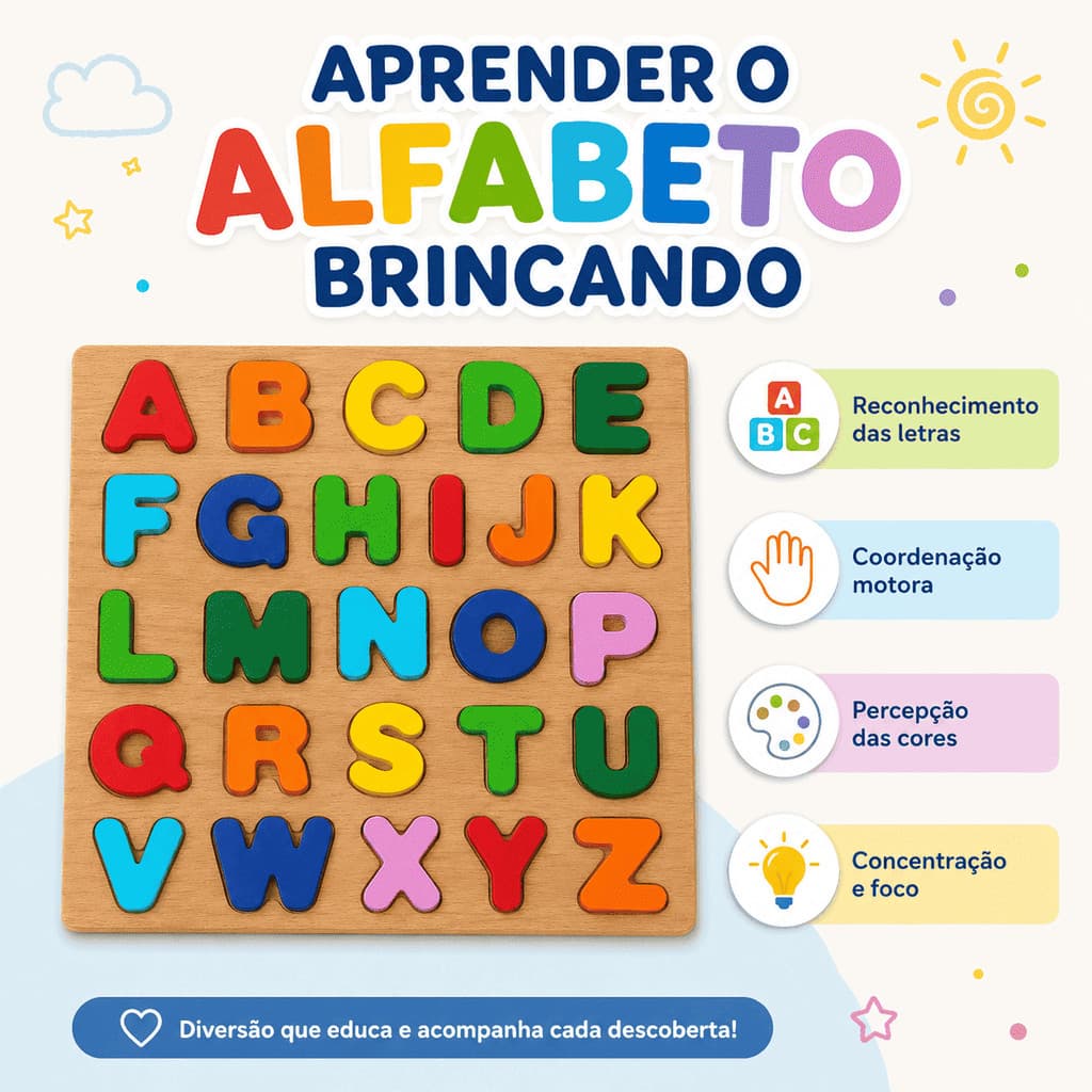 Quebra-Cabeça Educatiivo Alfabeto em Madeira Infantil Letras