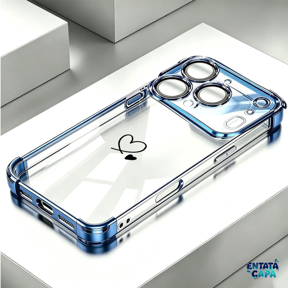 Capinha Capa Protetora Borda Cromada 4 Cantos Anti Queda Coração Duplo para iPhone 17 Pro Max 13 14 11 12 16 15 Plus Air