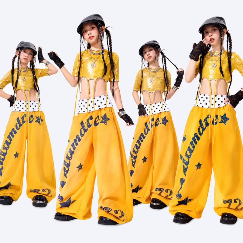 Meninas jazz dança traje jazz meninas grupo dopamina amarelo terno passarela dança desempenho traje crianças desempenho