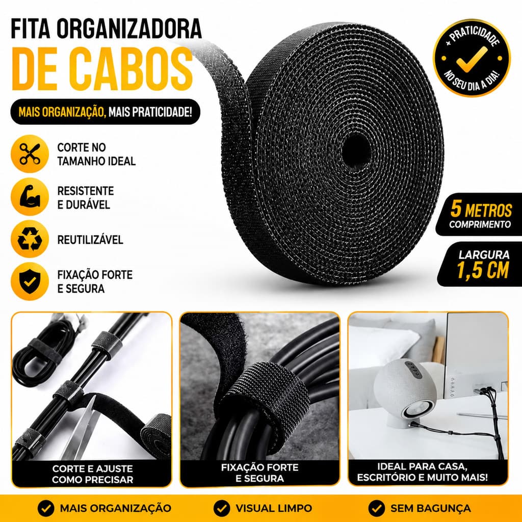 Rolo Fita Organizador de Cabos Velcro 3 Metros x 12mm Reutilizável Abraçadeira Multifuncional para Fios TV PC Escritório