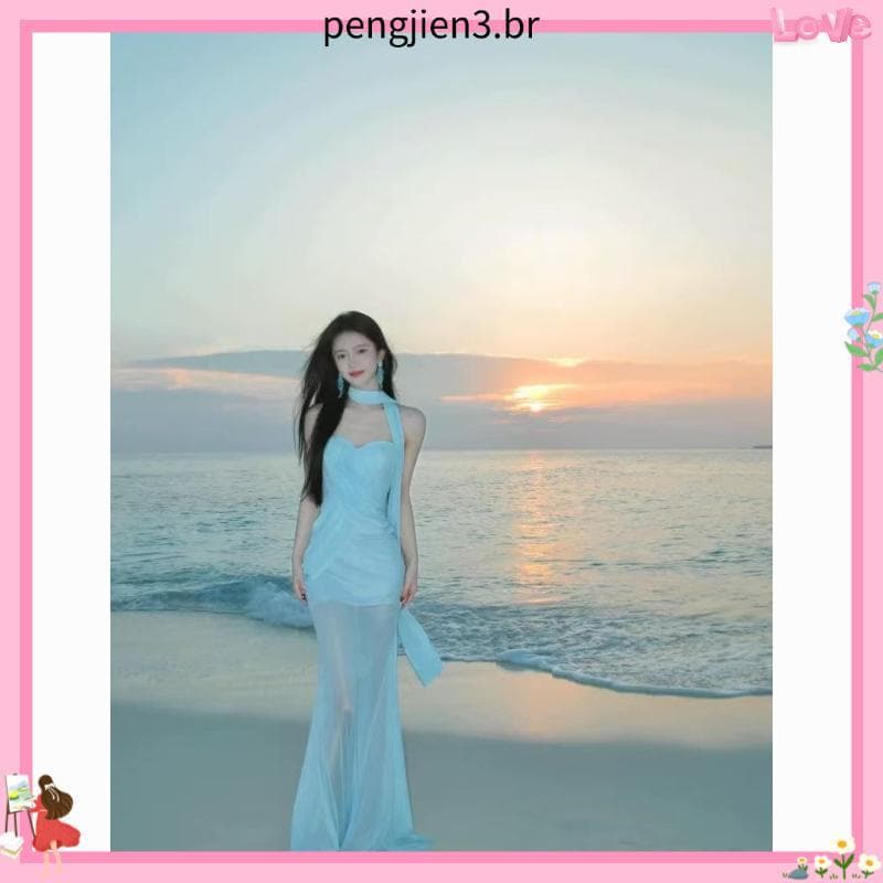 Azul gaze fita tubo vestido superior feminino verão francês fino-ajuste mais magro olhar à beira-mar férias estilo Fisht