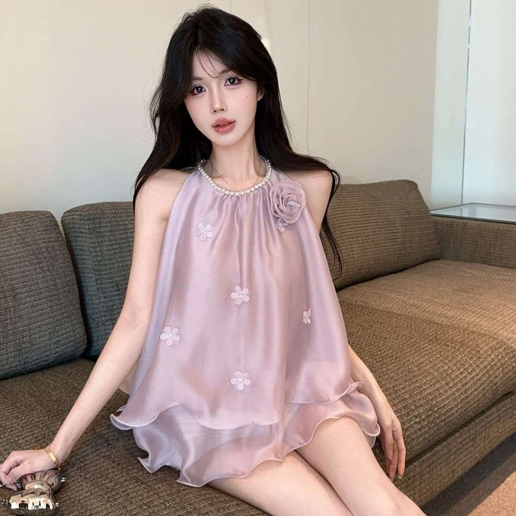 Chiffon estilingue filha francesa estilo pérola Halterneck chiffon camisa feminina verão luz luxo roxo sem mangas saia t