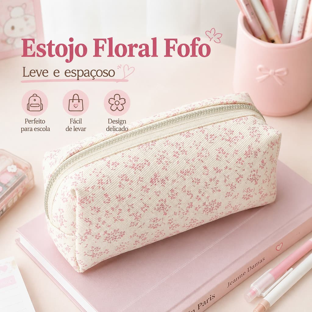 Estojo Feminino Floral com Zíper para Canetas e Maquiagem
