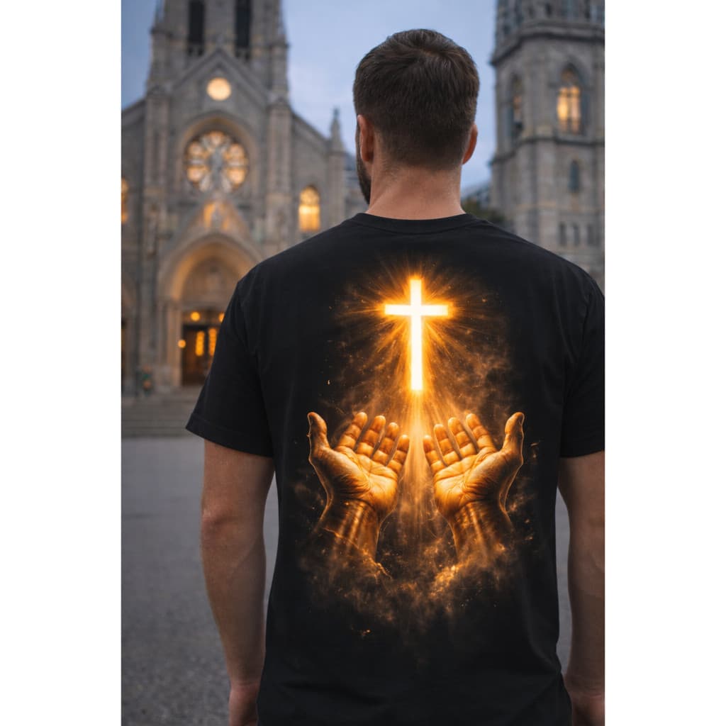 Camiseta Masculina Mão e Cruz Dourada Brilhante 100% Algodão
