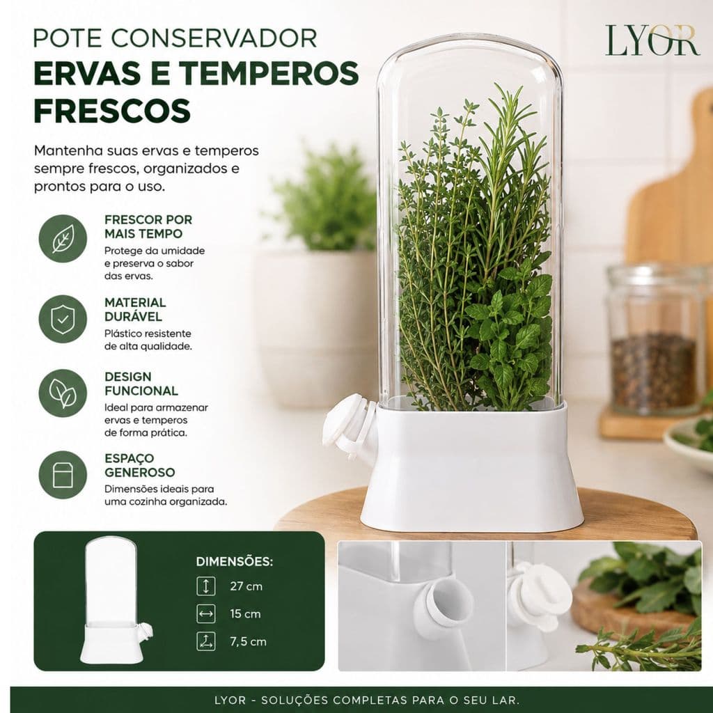 Pote Conservador Ervas e Temperos Frescos 15 x 7,5 x 27cm Plástico - Lyor