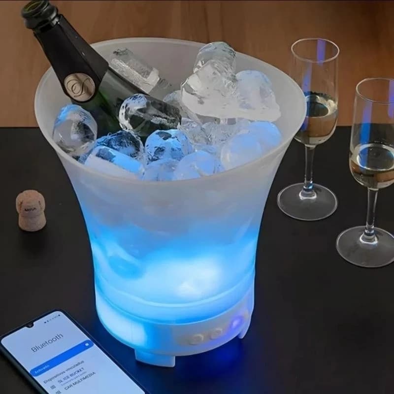 Balde Cooler LED Caixa Som Bebida Gelada Recipiente Festa Luz Garrafa Lata Vasilha Musica