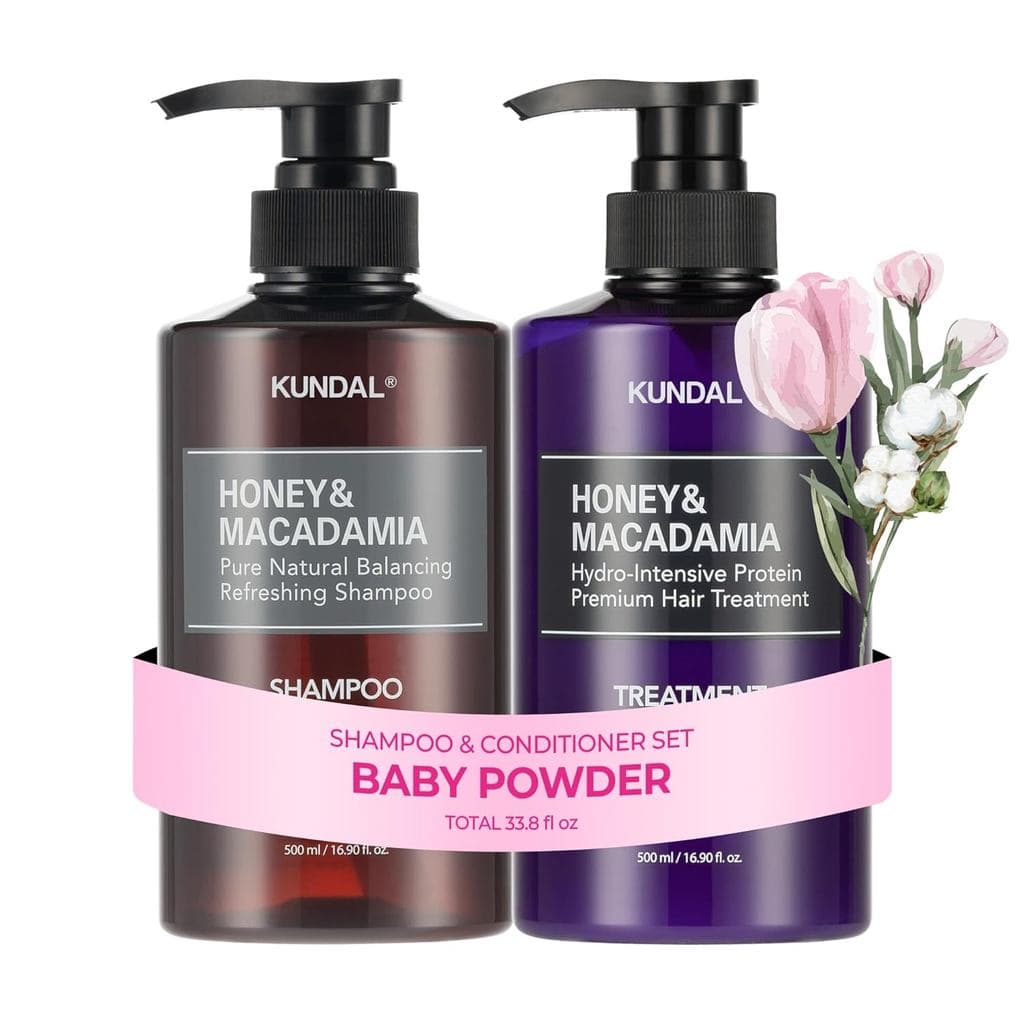 Conjunto de Shampoo e Condicionador KUNDAL Honey & Macadamia para Cuidado Capilar Coreano, Aroma de Talco de Bebê, 16,9