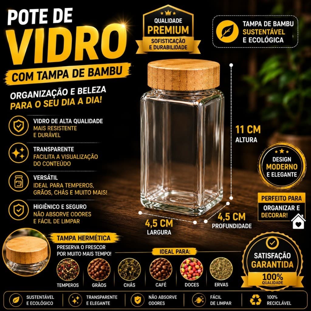 Pote de Vidro Hermético com Tampa de Bambu 120ml Ideal para Café, Temperos, Chá e Grãos