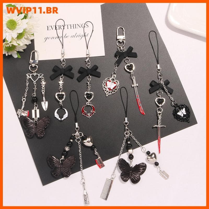 WVIP Gótico Punk Telefone Pingente Chaveiro Borboleta Coração Doce Legal Corrente Fone De Ouvido Caso Saco Decorações BR