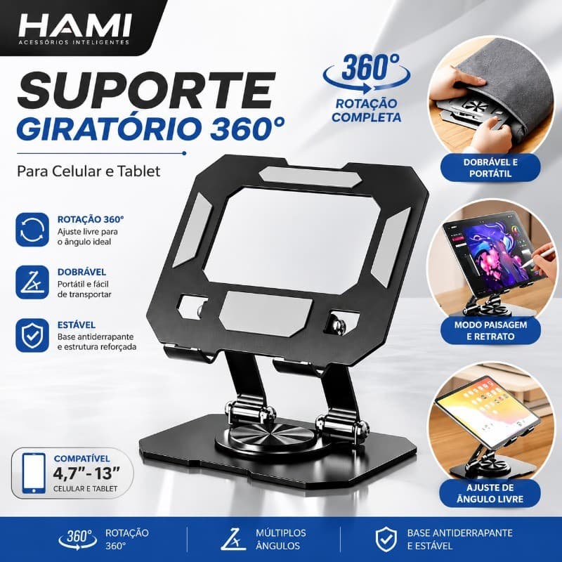 HAMI Suporte de Alumínio para Tablet e iPad, Ajustável, Giratório 360°, Dobrável e Antiderrapante