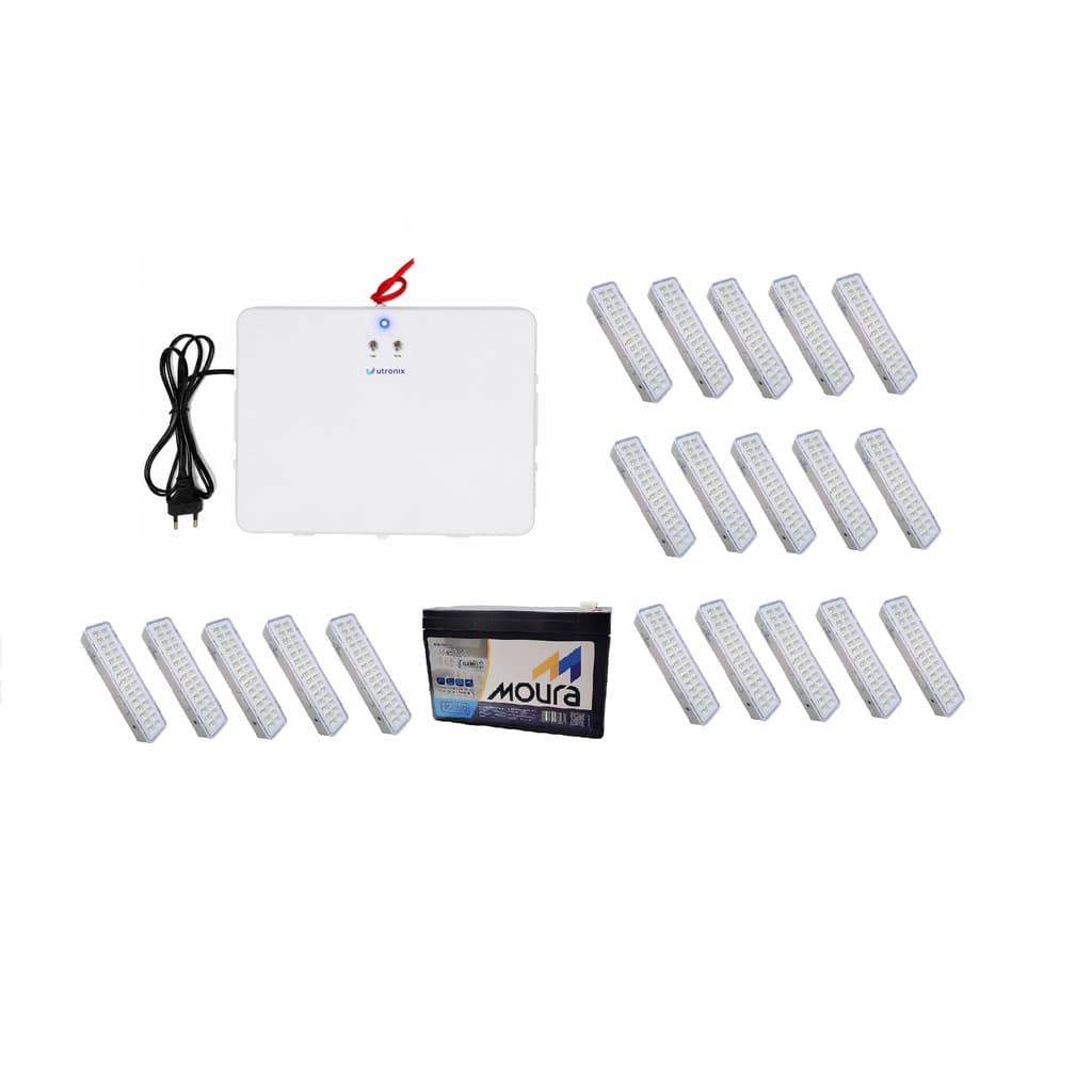 Kit Iluminacao Emergencia Central 20 Luminarias 12V Bateria