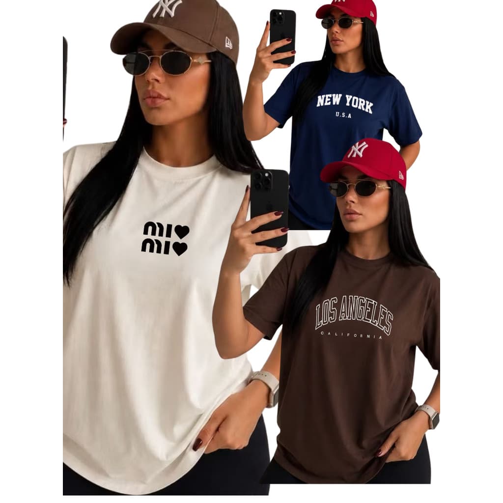 Kit com 3 Camisetas femininas 100% algodão estampa sortidas estilosas gola redonda promoção