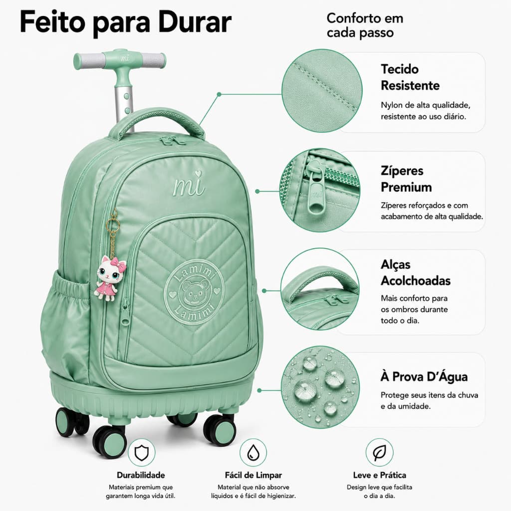 Mochila Escolar De Rodinhas Turquesa Lamini com Carrinho Embutido e Pingente Gatinha