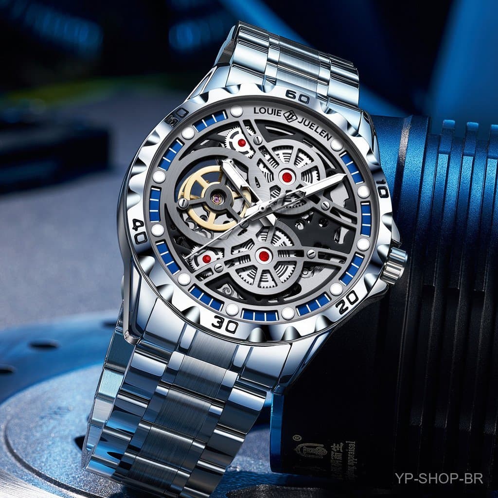 Relógio masculino, novo modelo LOUIE JUELEN, fundo oco, movimento mecânico totalmente automático, fecho borboleta, pulse
