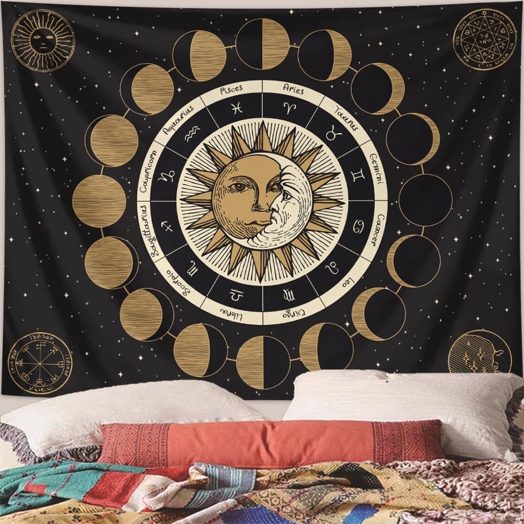 Tapeçaria de Tarot com Fases da Lua e Céu Estrelado, Fundo Decorativo Misterioso de Tarot, Tecido para Pendurar