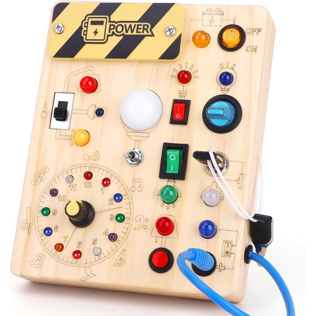 Quadro de Atividades Montessori para Crianças de 1 Ano, Brinquedo de Madeira com 10 Interruptores e 23 Luzes LED, Quadro
