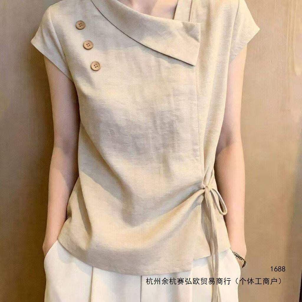 Camisa bege de manga curta 2026 verão novo produto moda Design redutor de idade Irregular camisa de renda topo damasco